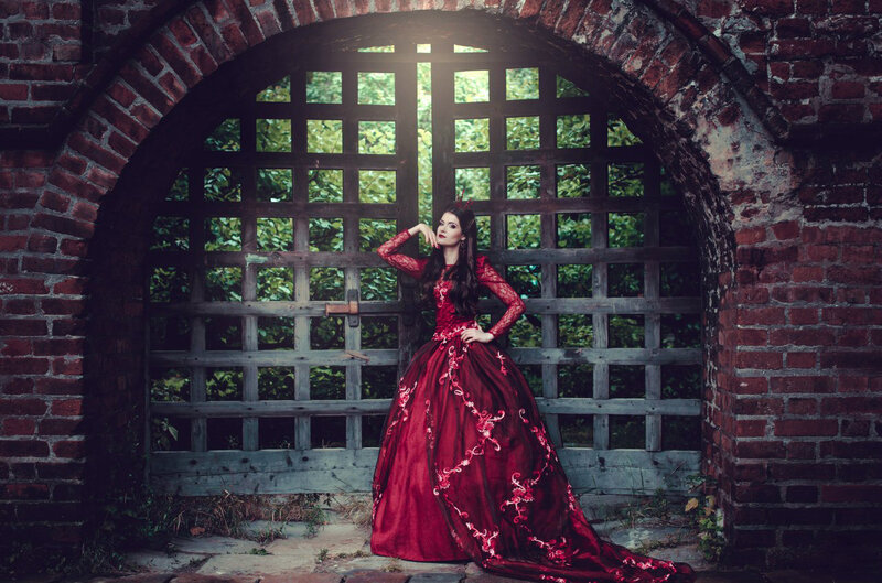 Woman in Red Gown — Dramatic, Afternoon, Photograph, Brick Arch