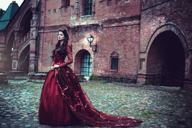 Woman in Red Gown — Dramatic, Afternoon, Photograph, Castle