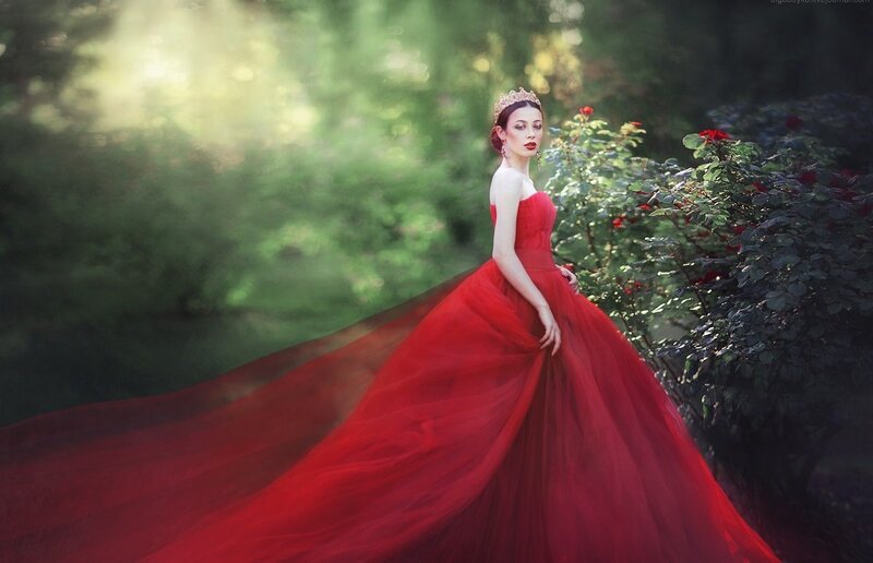 Woman in Red Gown — Dramatic, Afternoon, Photograph, Crown