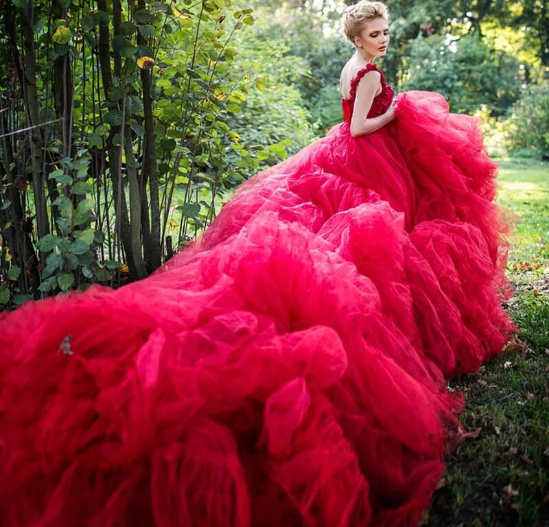 Woman in Red Gown — Dramatic, Afternoon, Photograph, Trees, Grass