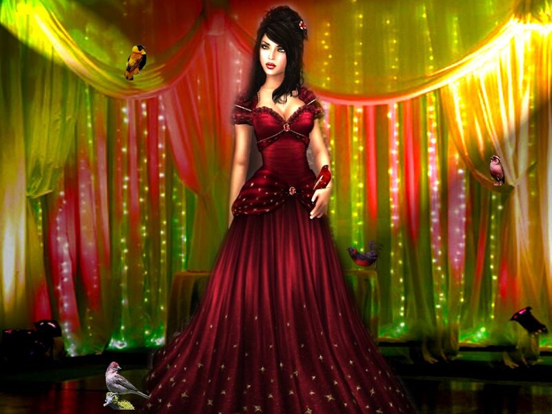 Woman in Red Gown — Dramatic, Digital Art, Birds