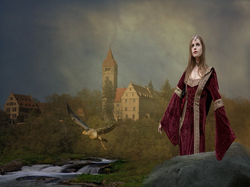 Woman in Red Gown — Dramatic, Digital Art, Castle