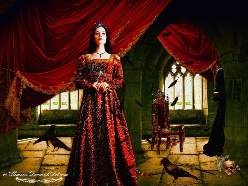 Woman in Red Gown — Dramatic, Digital Art, Crows
