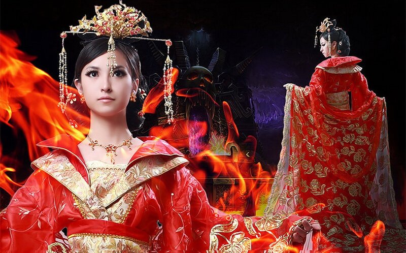 Woman in Red Gown — Dramatic, Digital Art, Flames
