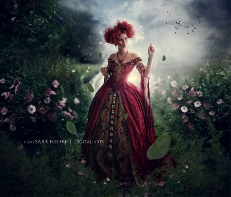 Woman in Red Gown — Dramatic, Digital Art, Flowers