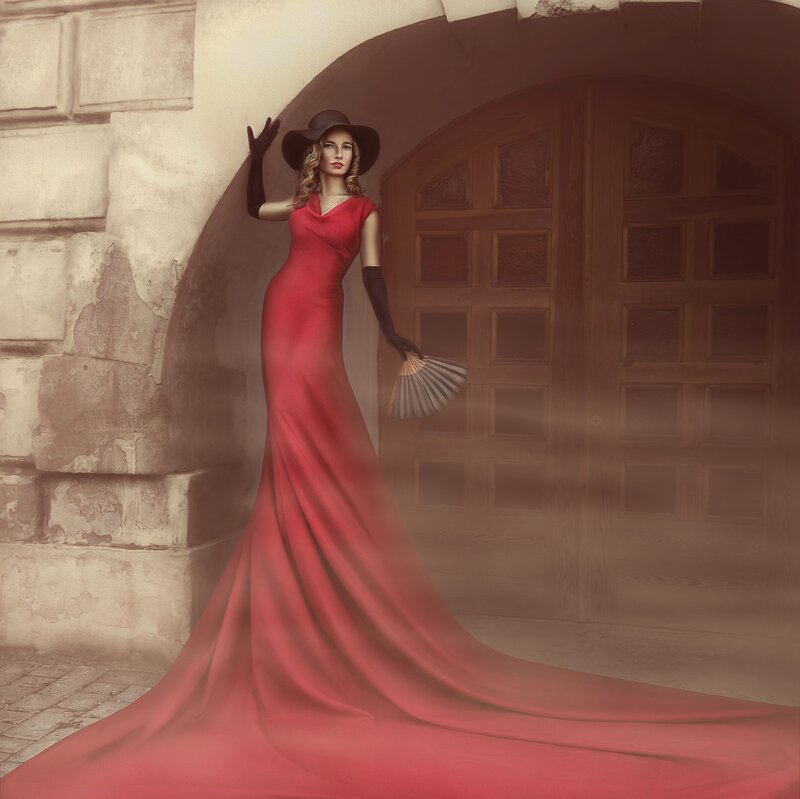 Woman in Red Gown — Dramatic, Digital Art, Hat