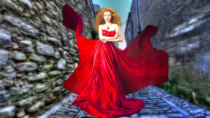 Woman in Red Gown — Dramatic, Digital Art, Stone Wall