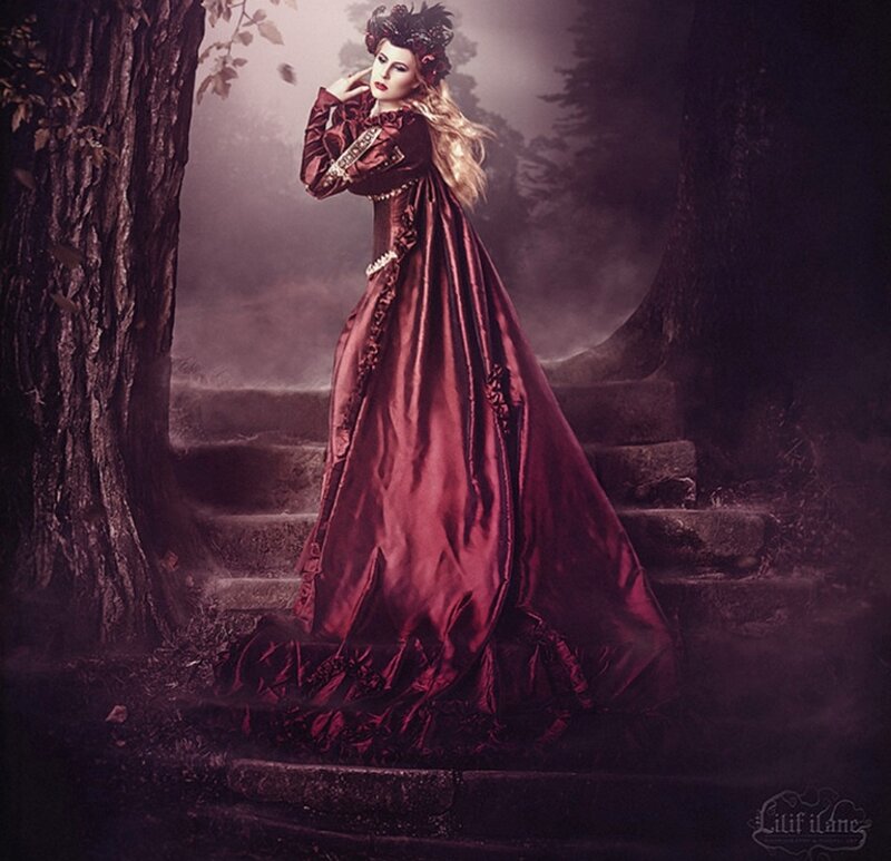 Woman in Red Gown — Dramatic, Night, Digital Art, Forest