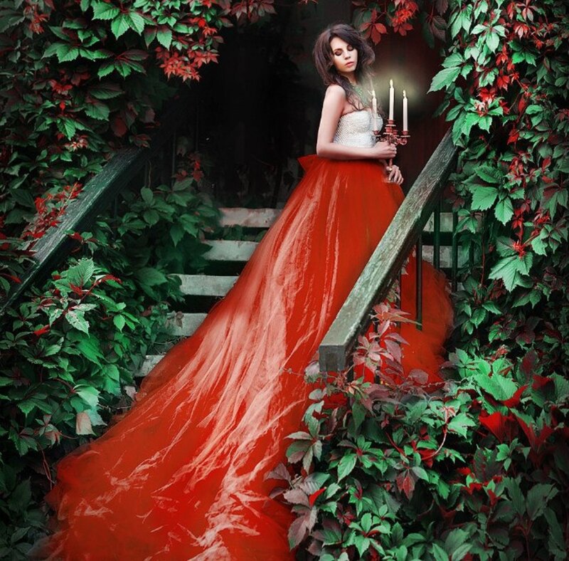 Woman in Red Gown — Dramatic, Night, Photograph, Candle