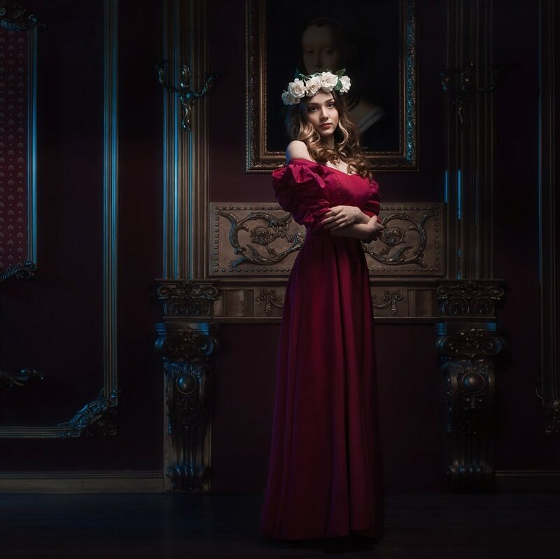 Woman in Red Gown — Dramatic, Night, Photograph, Flower Crown