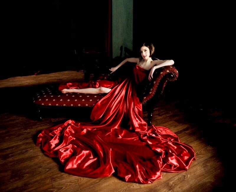 Woman in Red Gown — Dramatic, Night, Photograph