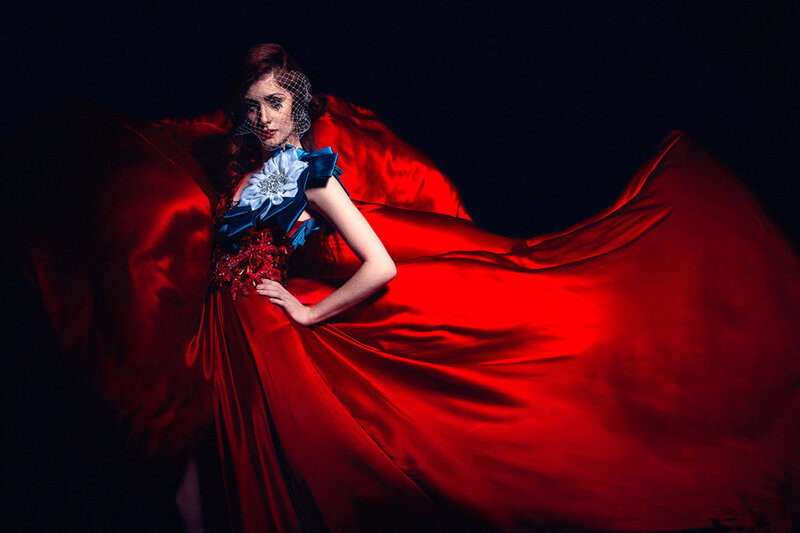Woman in Red Gown — Dramatic, Night, Photograph, Veil