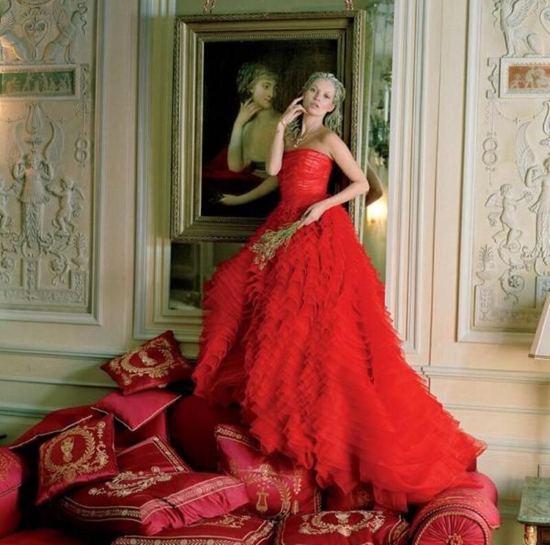 Woman in Red Gown — Dramatic, Photograph, Couch