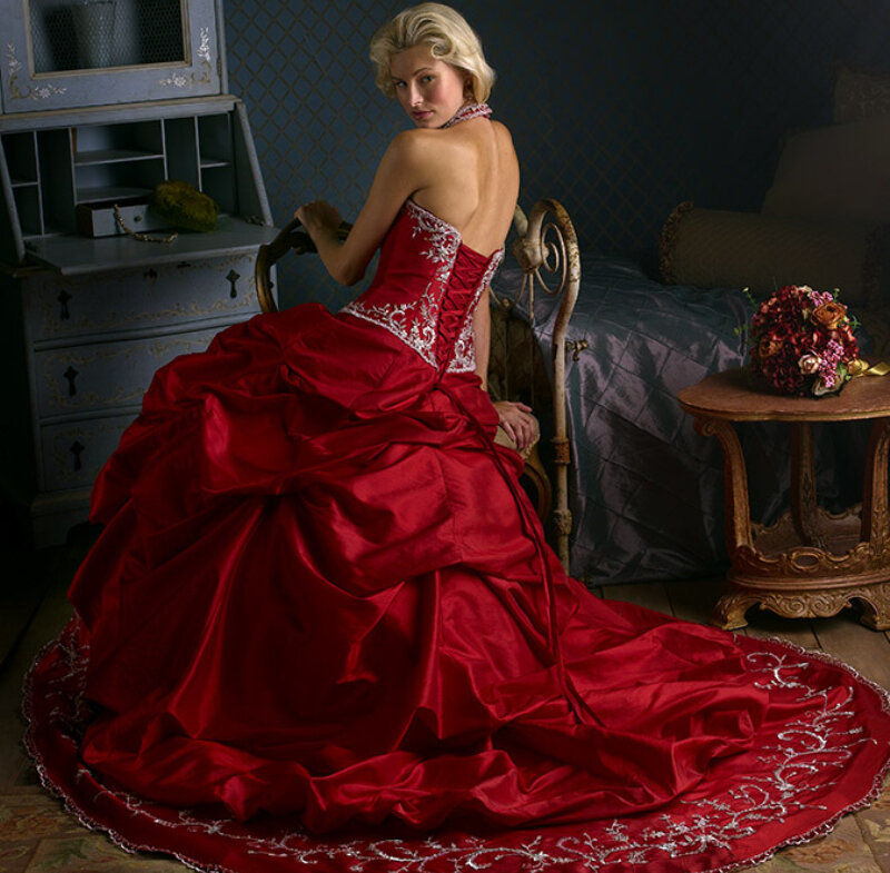 Woman in Red Gown — Dramatic, Photograph, Dress, Chair