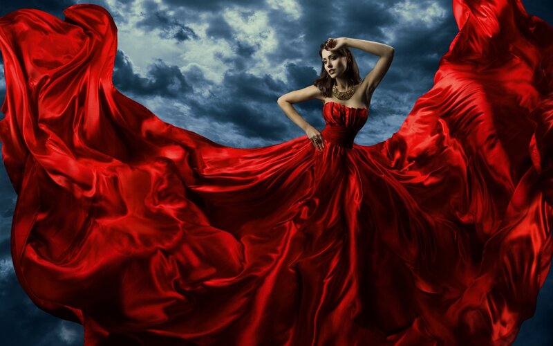 Woman in Red Gown — Dramatic, Photograph, Dress, Sky