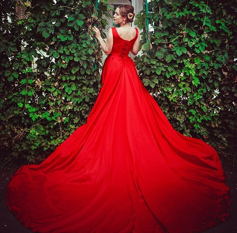 Woman in Red Gown — Dramatic, Photograph, Green Vines