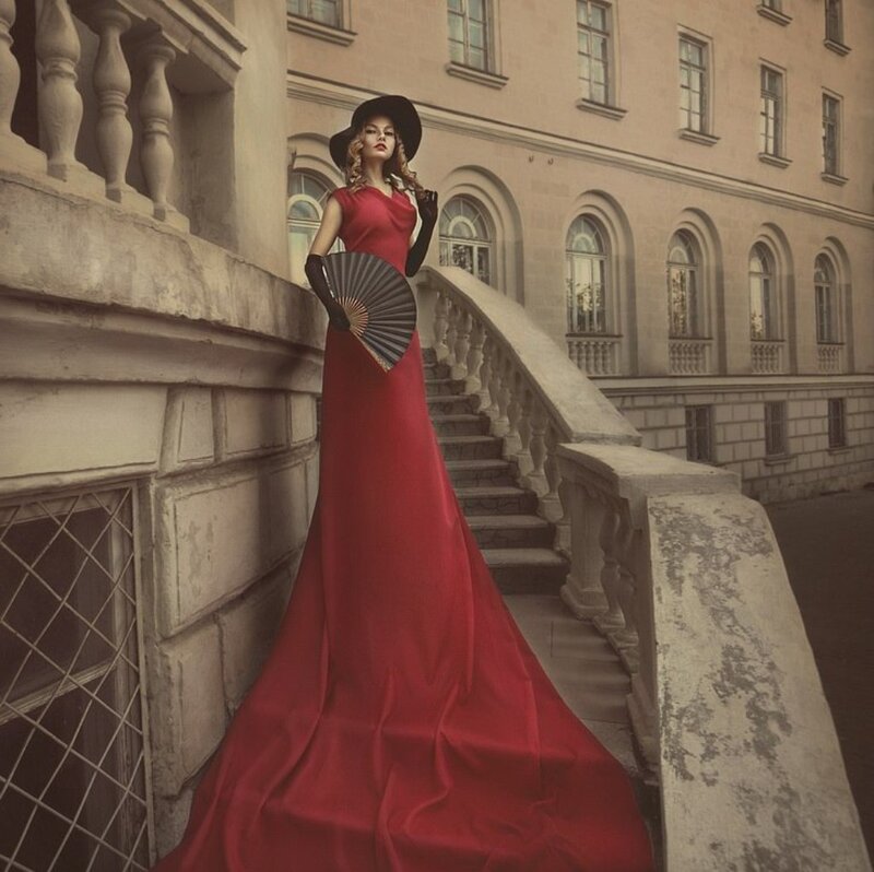 Woman in Red Gown — Dramatic, Photograph, Hat