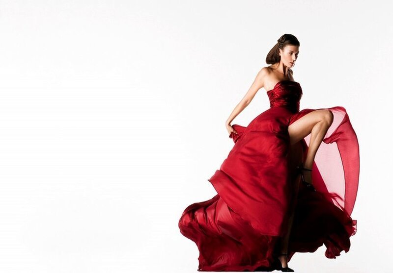Woman in Red Gown — Dramatic, Photograph, Heels