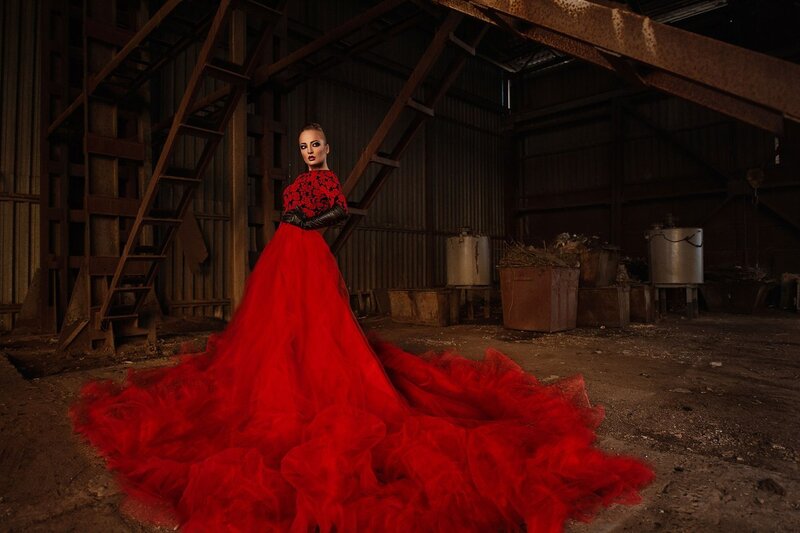 Woman in Red Gown — Dramatic, Photograph, Industrial Building