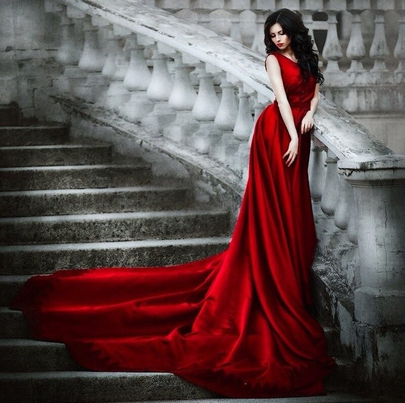 Woman in Red Gown — Dramatic, Photograph, Stairs, Balustrade