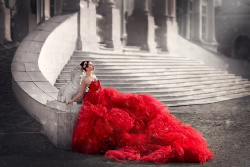 Woman in Red Gown — Dramatic, Photograph, Statue