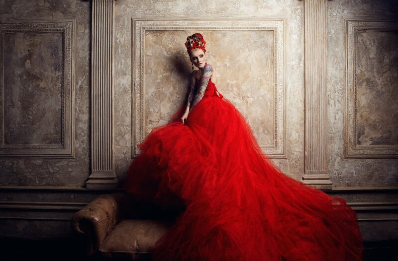 Woman in Red Gown — Dramatic, Photograph, Tattoos