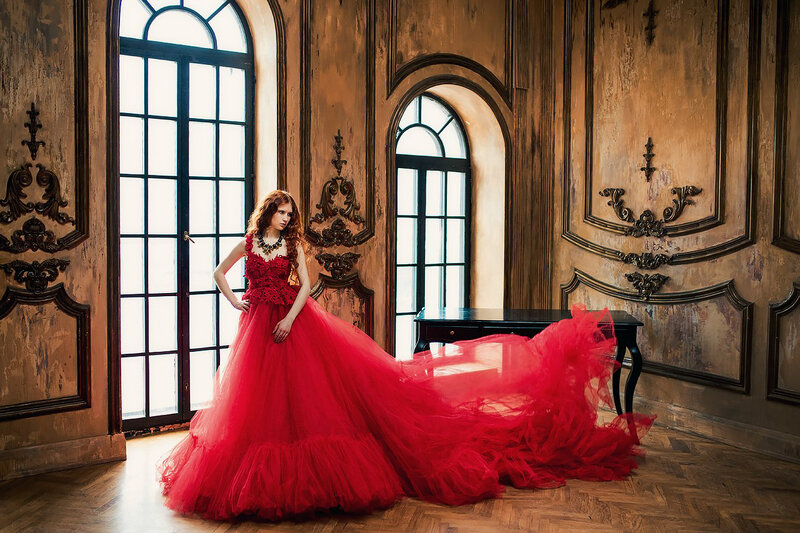 Woman in Red Gown — Dramatic, Photograph, Window