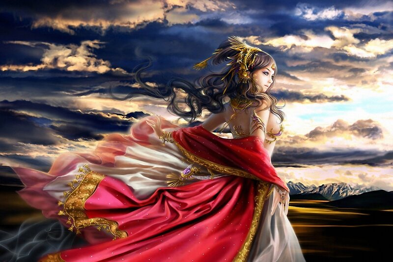 Woman in Red Gown — Dramatic, Sunset, Digital Art, Clouds