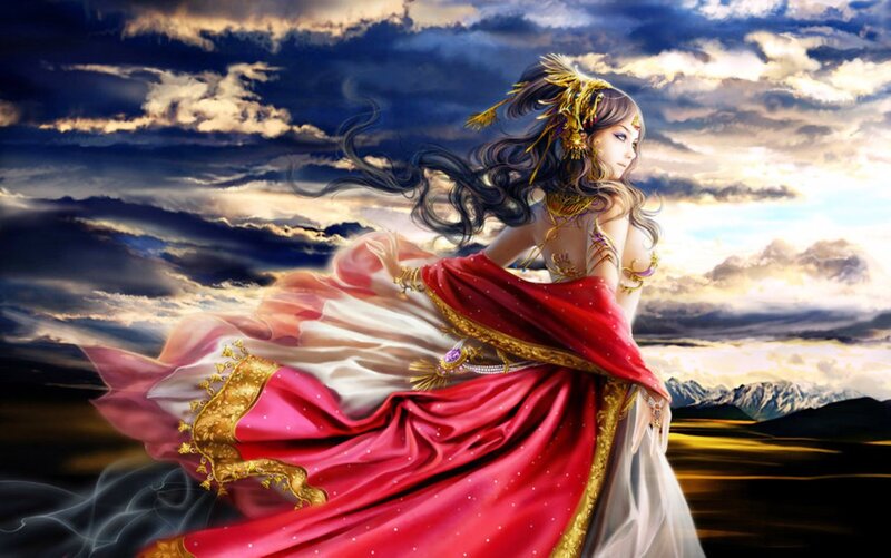 Woman in Red Gown — Dramatic, Sunset, Digital Art