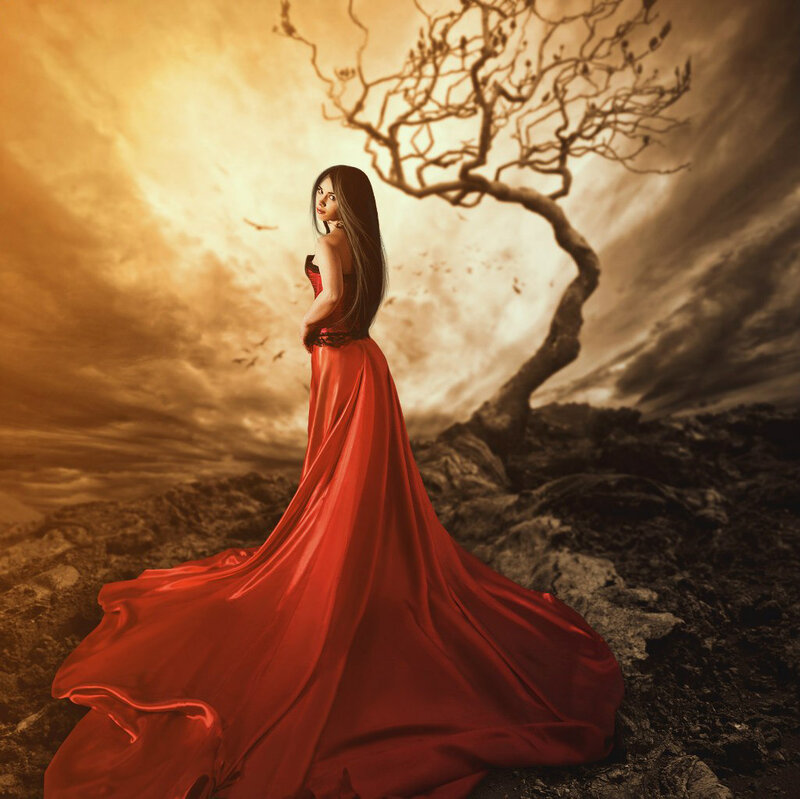 Woman in Red Gown — Dramatic, Sunset, Digital Art, Tree