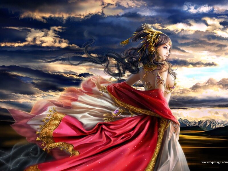 Woman in Red Gown — Dramatic, Sunset