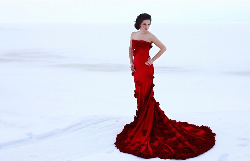 Woman in Red Gown — Dramatic, Winter, Photograph