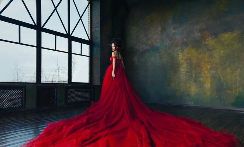 Woman in Red Gown — Dramatic, Winter, Photograph, Window