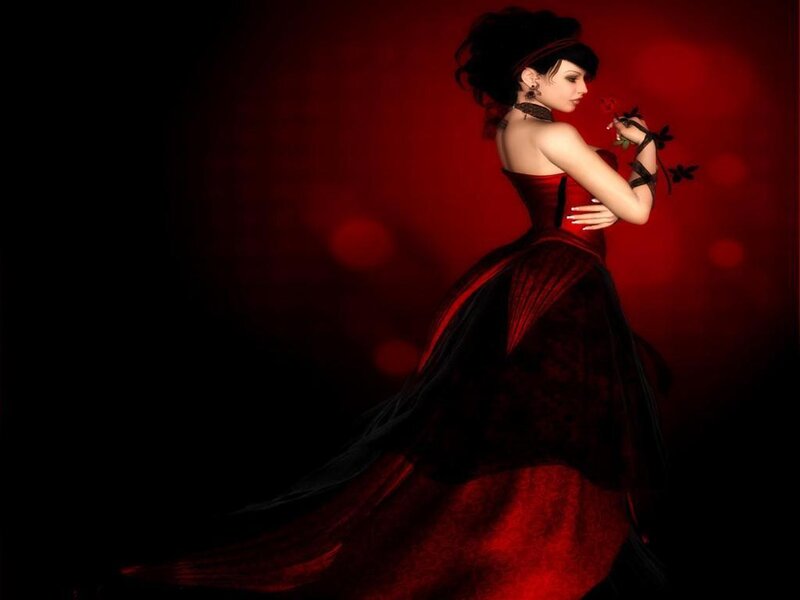 woman in red gown holding rose