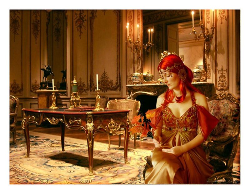 woman in red gown in ornate room