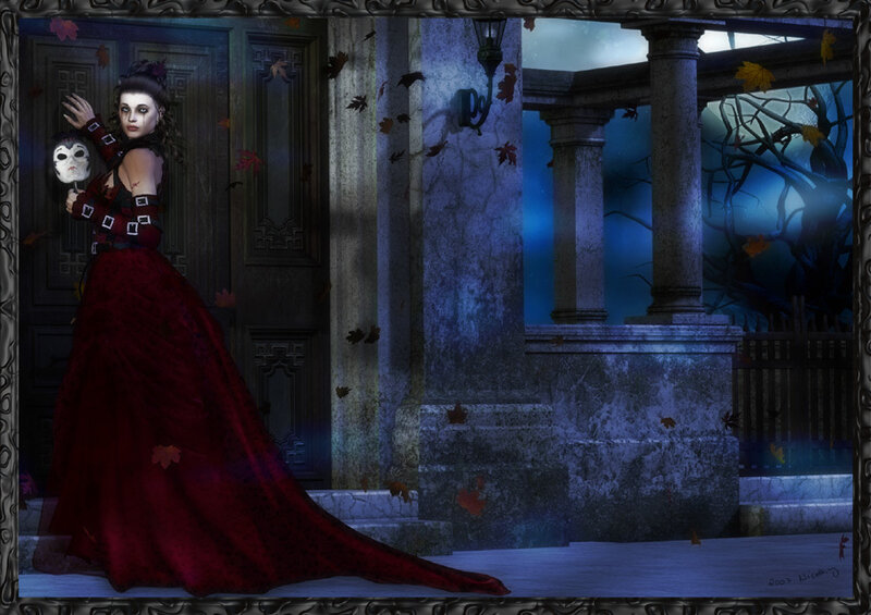 woman in red gown with mask