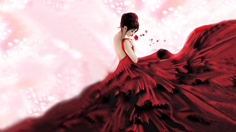 woman in red gown with rose