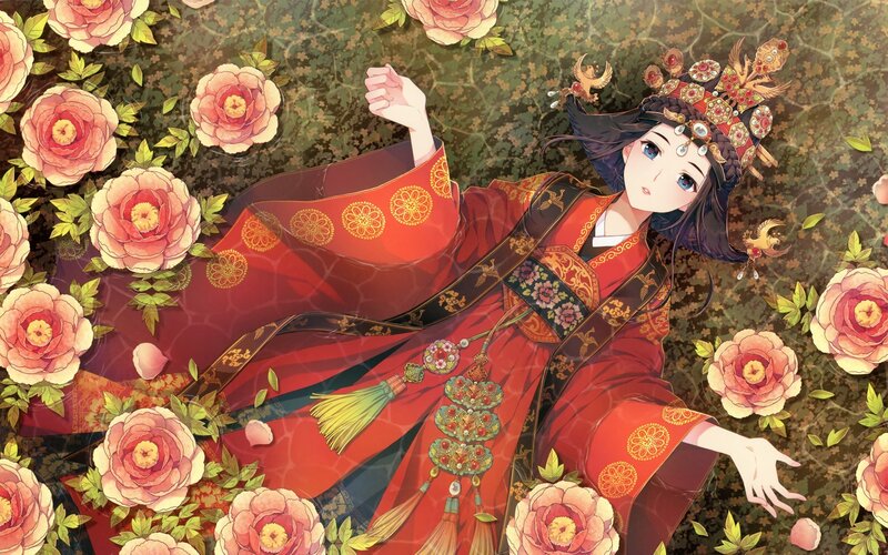 woman in red hanbok among flowers