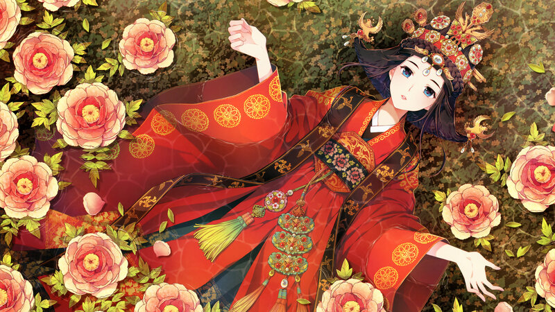 woman in red hanbok lying among flowers
