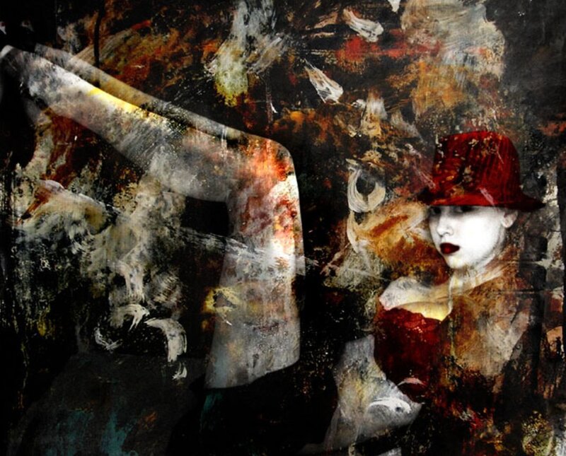 woman in red hat art piece
