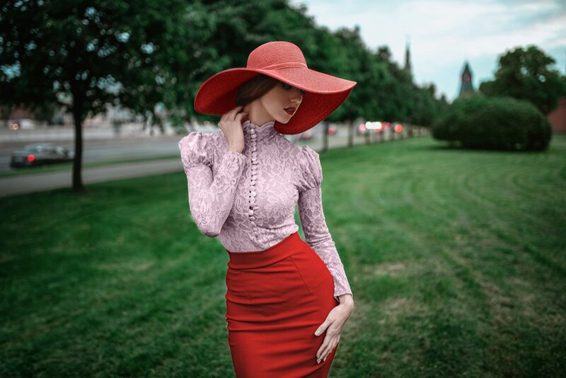 Woman in Red Hat — Dramatic, Afternoon, Photograph, Skirt