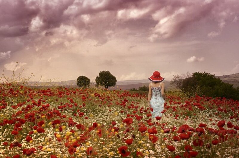 Woman in Red Hat — Dramatic, Afternoon, Photograph