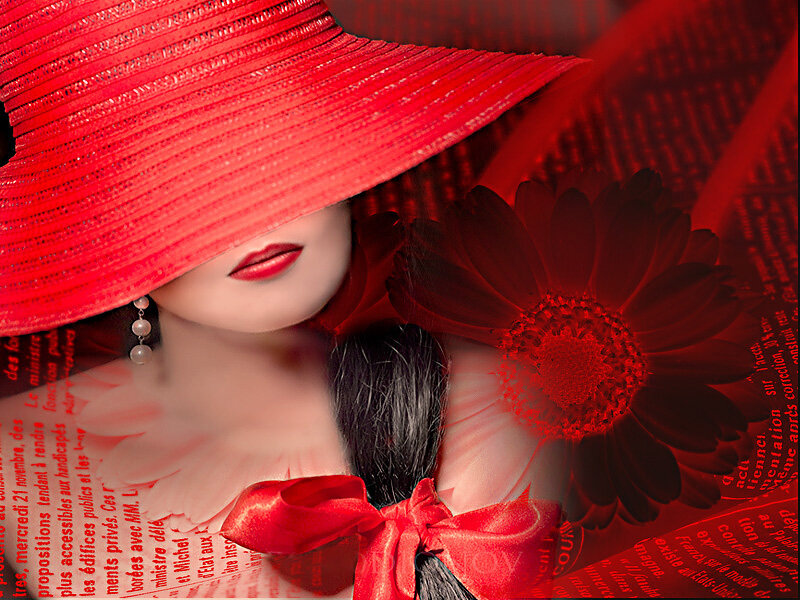Woman in Red Hat — Dramatic, Digital Art, Flower