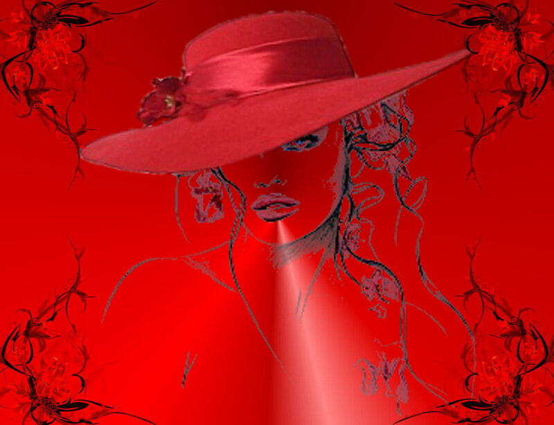 Woman in Red Hat — Dramatic, Digital Art, Flowers