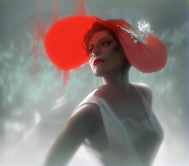 Woman in Red Hat — Dramatic, Digital Art, Red Hat