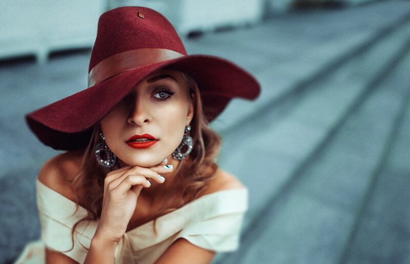 Woman in Red Hat — Dramatic, Photograph, Earrings