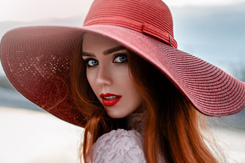 Woman in Red Hat — Dramatic, Photograph, Lips