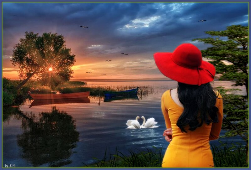 Woman in Red Hat — Serene, Sunset
