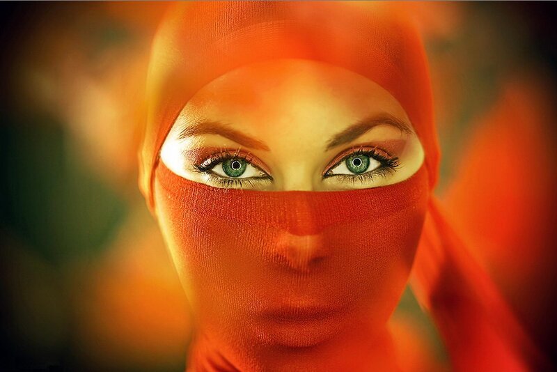 woman in red headscarf
