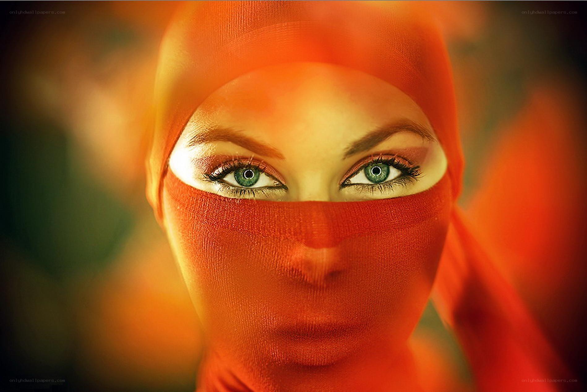 woman in red headscarf